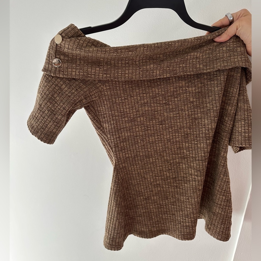 Tan Off-the-Shoulder Bardot Sweater with Ribbed Texture Beige